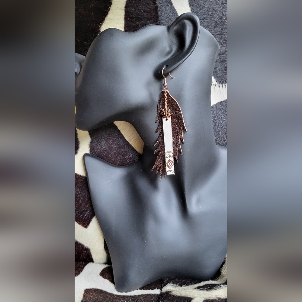 Genuine western style leather feather earrings with bronze chain and beads